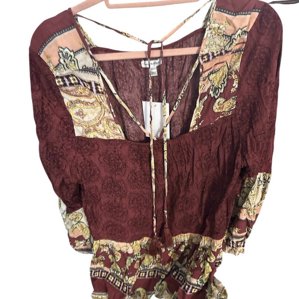NWT love fire Elegant Burgundy Paisley Blouse with tassels 2x so cute